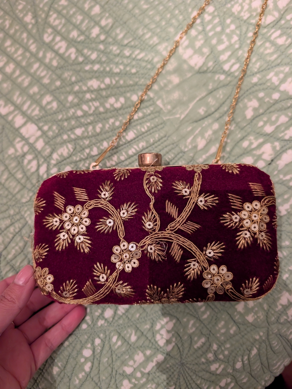Embroidered Burgundy Velvet Evening Clutch